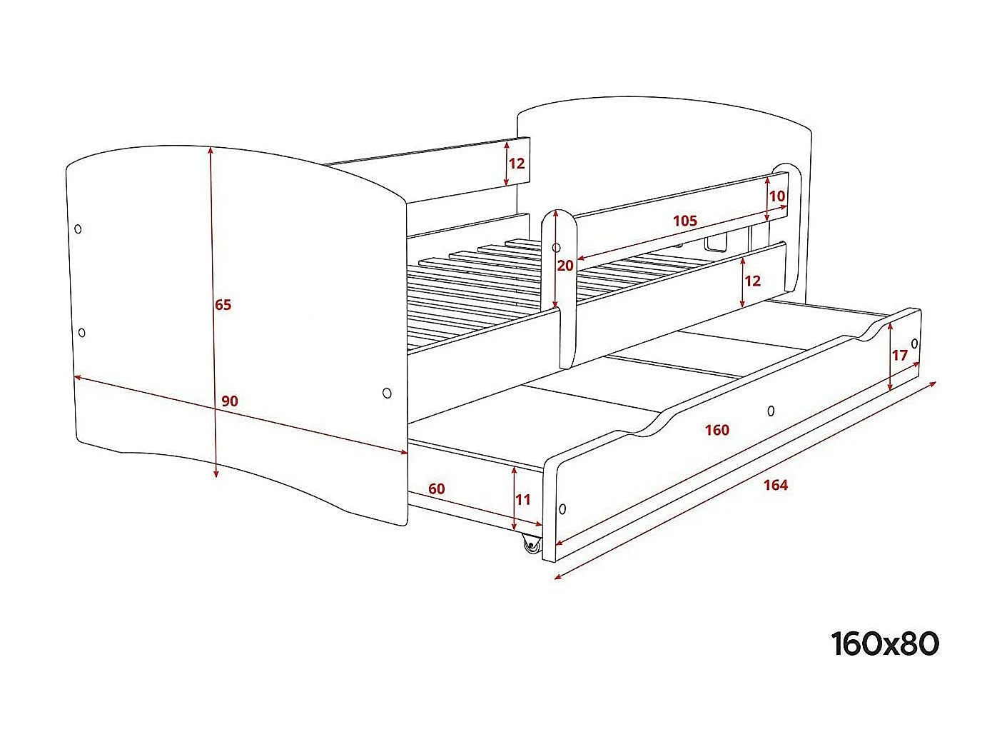 Lit orné de cœurs avec barrière de sécurité amovible blanc Myra-Matelas mousse-80x160
