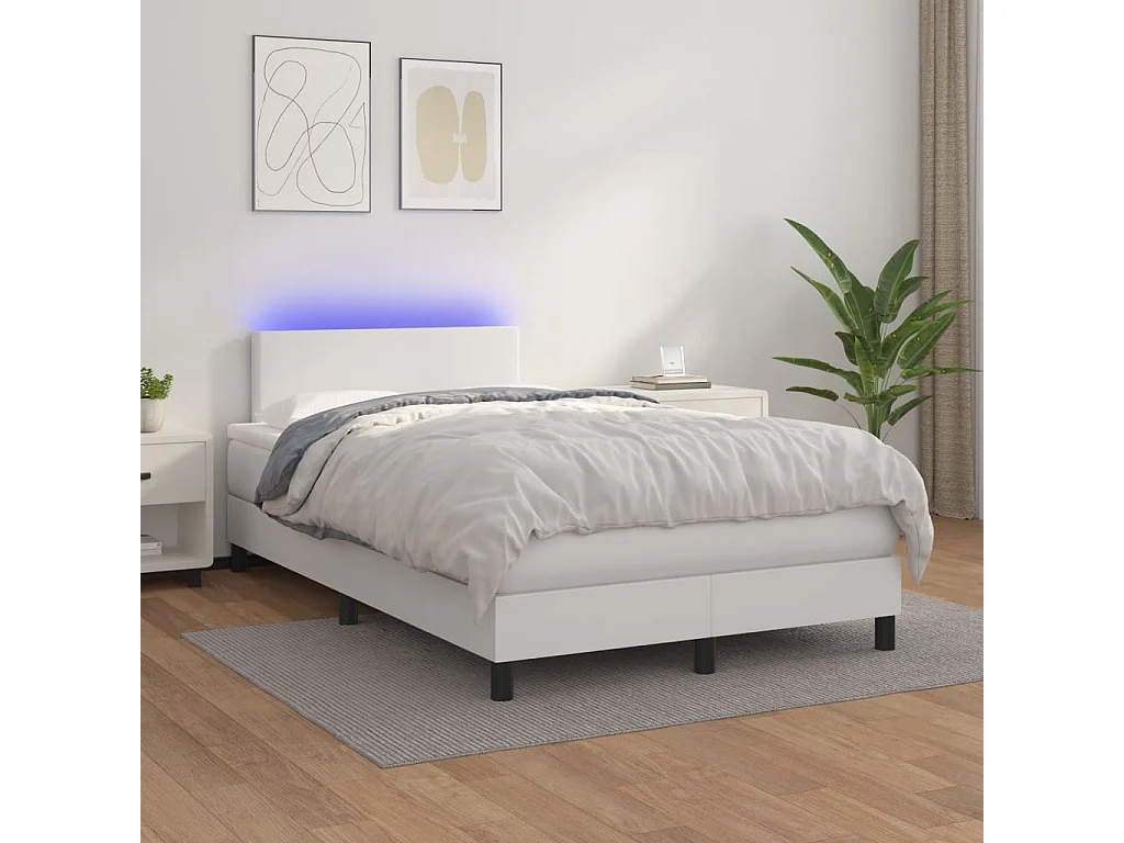 Lit à sommier tapissier et matelas et LED Blanc 120x200 Similicuir
