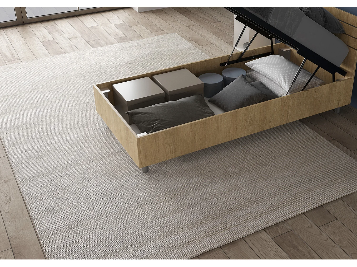 Lit en bois avec tête de lit inclinée Renoma-Couleur Marron clair-80x200-Version coffre de rangement