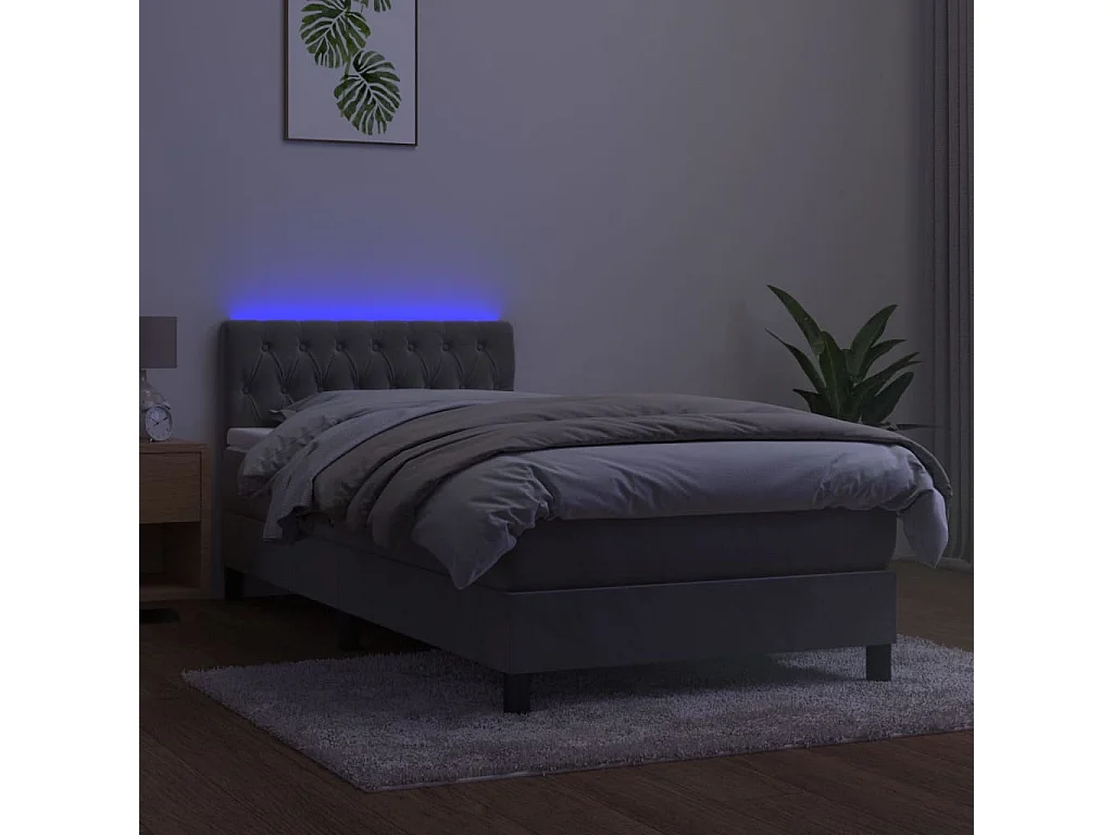 Lit à sommier tapissier matelas et LED Gris clair 100x200 Velours