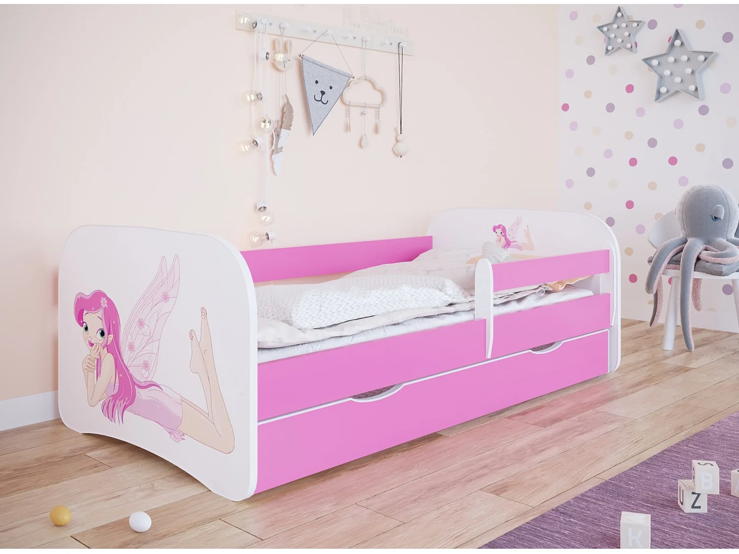 Lit enfant rose petite fée avec sommiers et barrière de sécurité amovible Drimy-Matelas mousse-80x180