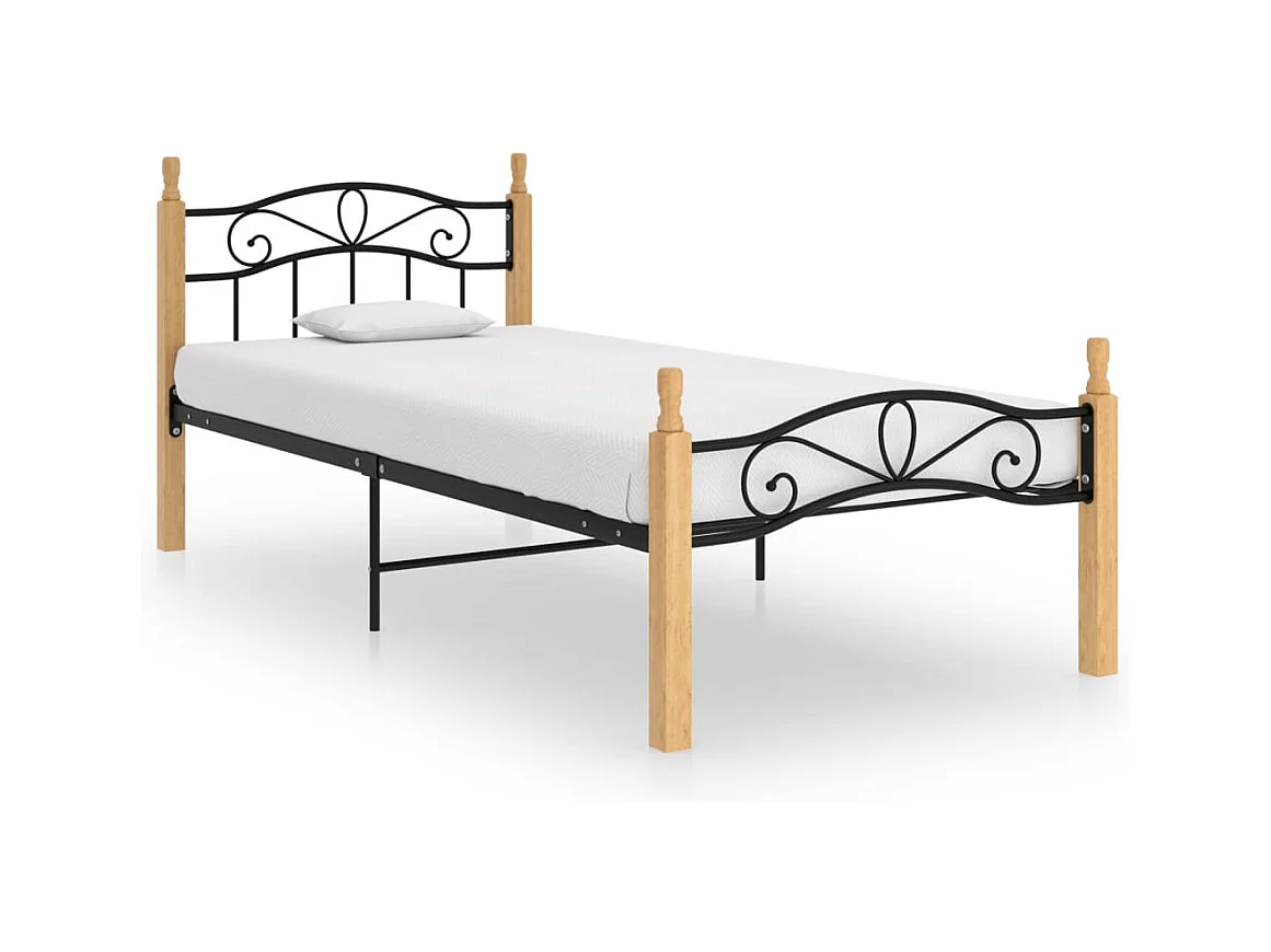 Bedframe metaal en massief eikenhout zwart 100x200 cm