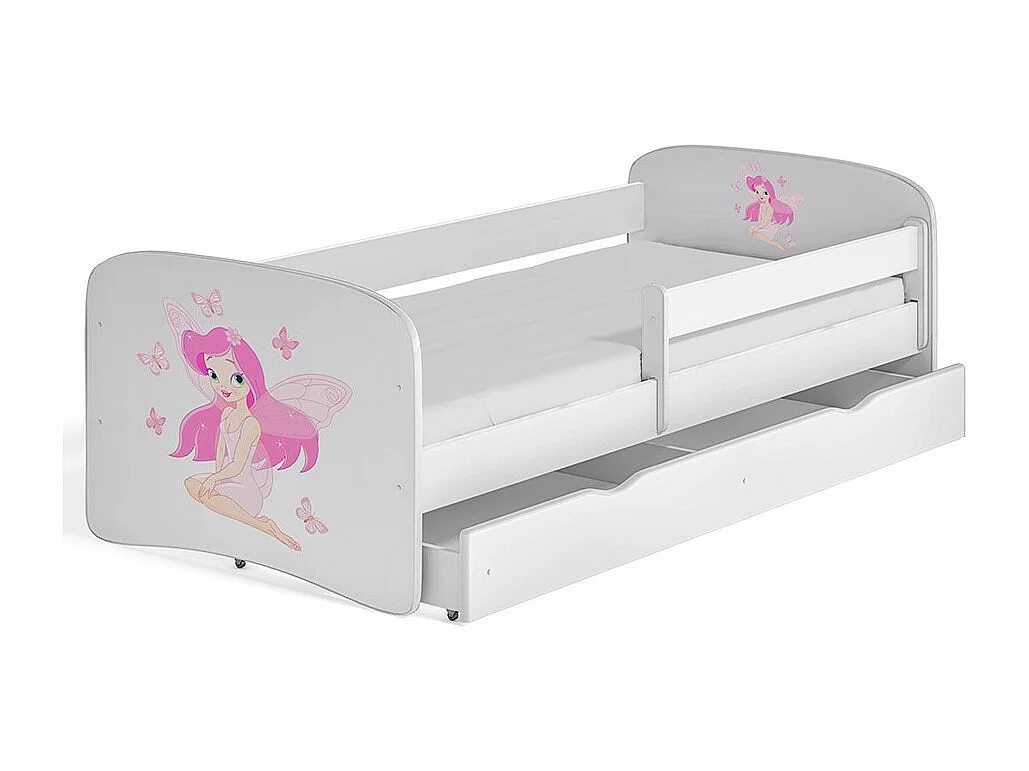 Lit enfant blanc fée avec papillons avec sommiers et barrière de sécurité amovible Drimy-Matelas mousse-80x160-Tiroirs Avec tiroir