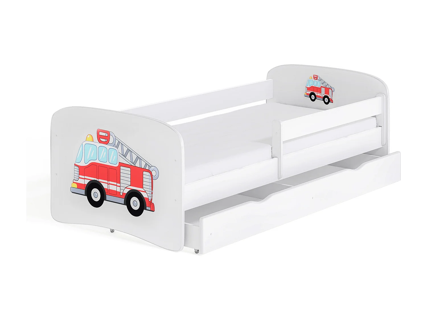 Cama infantil camión de bomberos con somieres y barrera de seguridad extraíble Drimy-Ropa de cama 70x140 cm-Cajones Con cajón