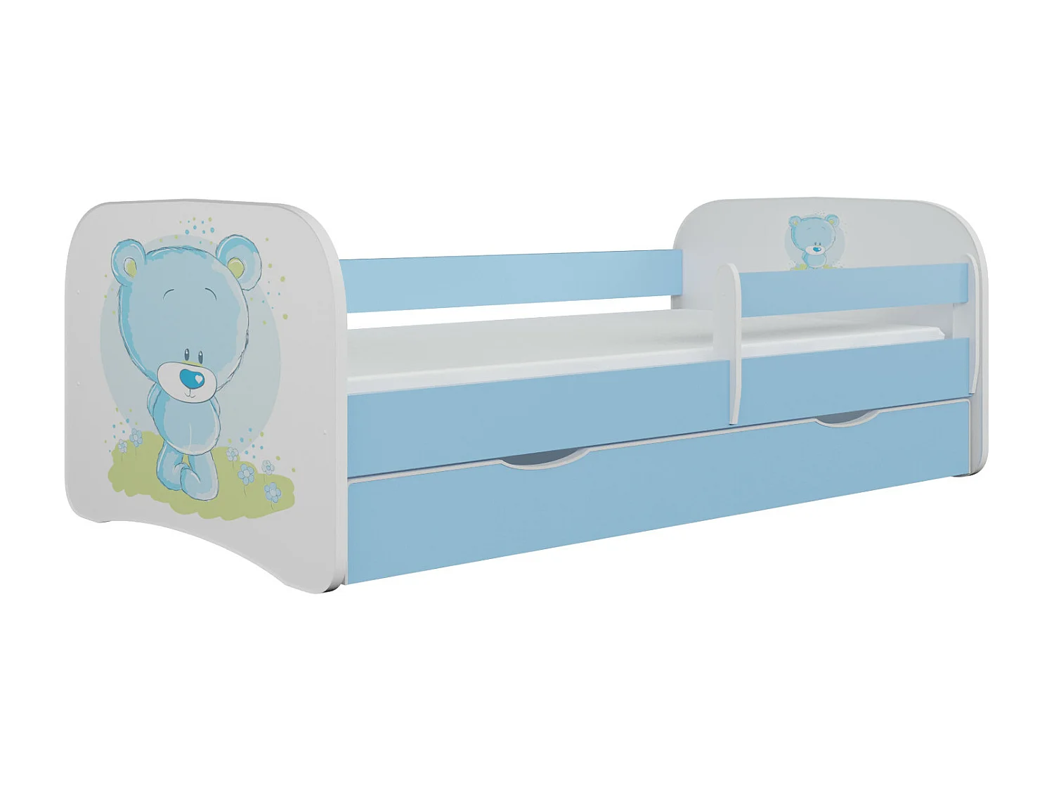 Lit enfant bleu nounours avec sommiers et barrière de sécurité amovible Drimy-Matelas mousse-80x160