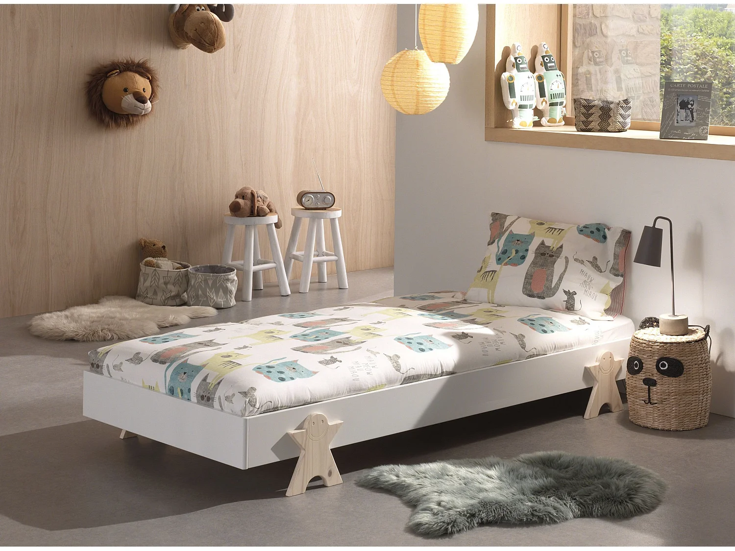 Bed 90x200 cm massief wit grenen en licht hout Fernando