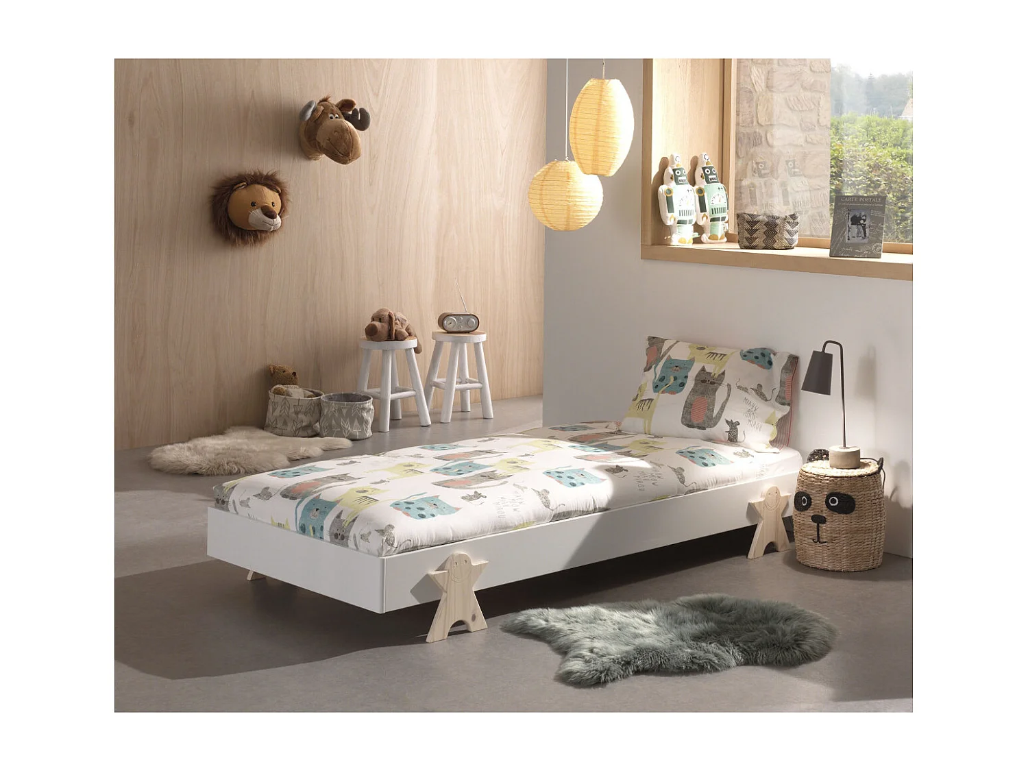 Bed 90x200 cm massief wit grenen en licht hout Fernando