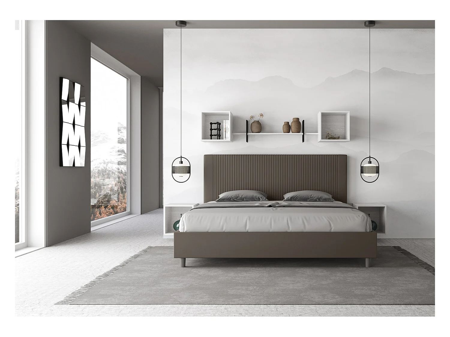 Lit moderne avec tête de lit rayures verticales matelassé simili cuir Bazen-Couleur Marron-180x200-Option Avec sommier