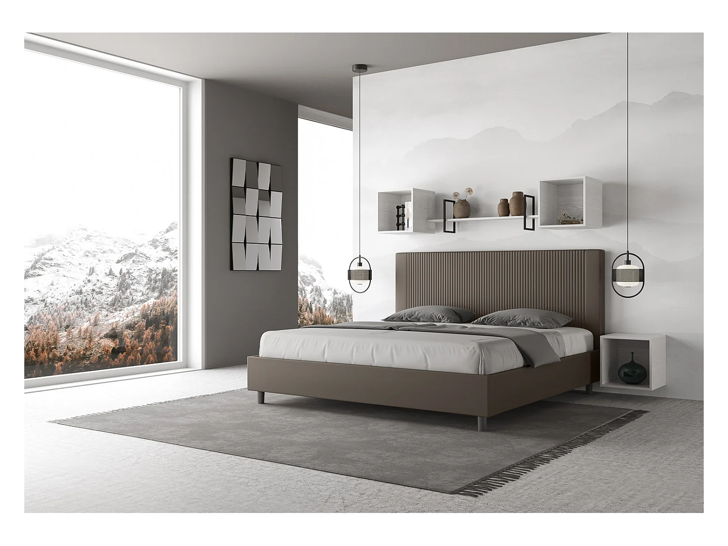 Lit moderne avec tête de lit rayures verticales matelassé simili cuir Bazen-Couleur Marron-180x200-Option Avec sommier