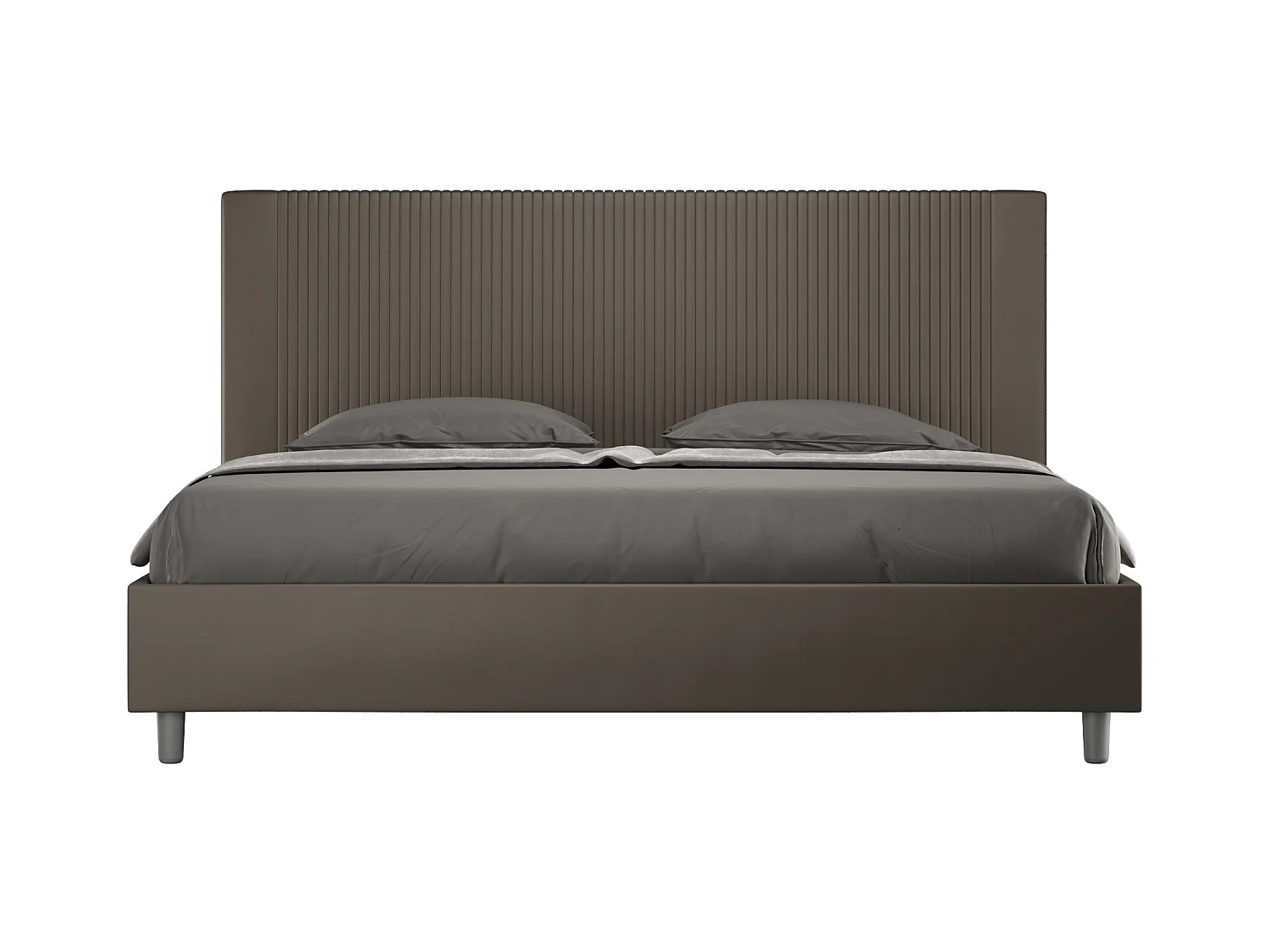 Cama moderna con cabecero de rayas verticales acolchado en símil piel Bazen-Color Marrón-Ropa de cama 200x200 cm-Opción Con base y caja