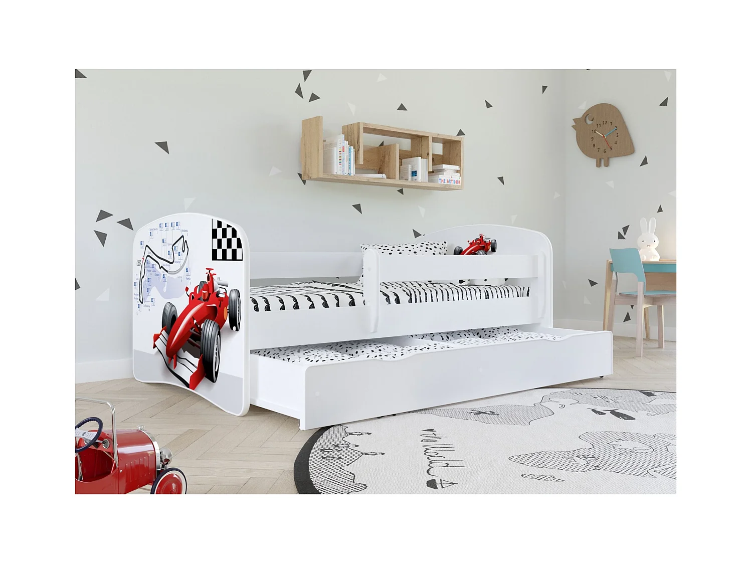 Lit enfant princesse à cheval avec sommiers et barrière de sécurité amovible Drimy-Matelas mousse-80x160-Tiroirs Avec tiroir