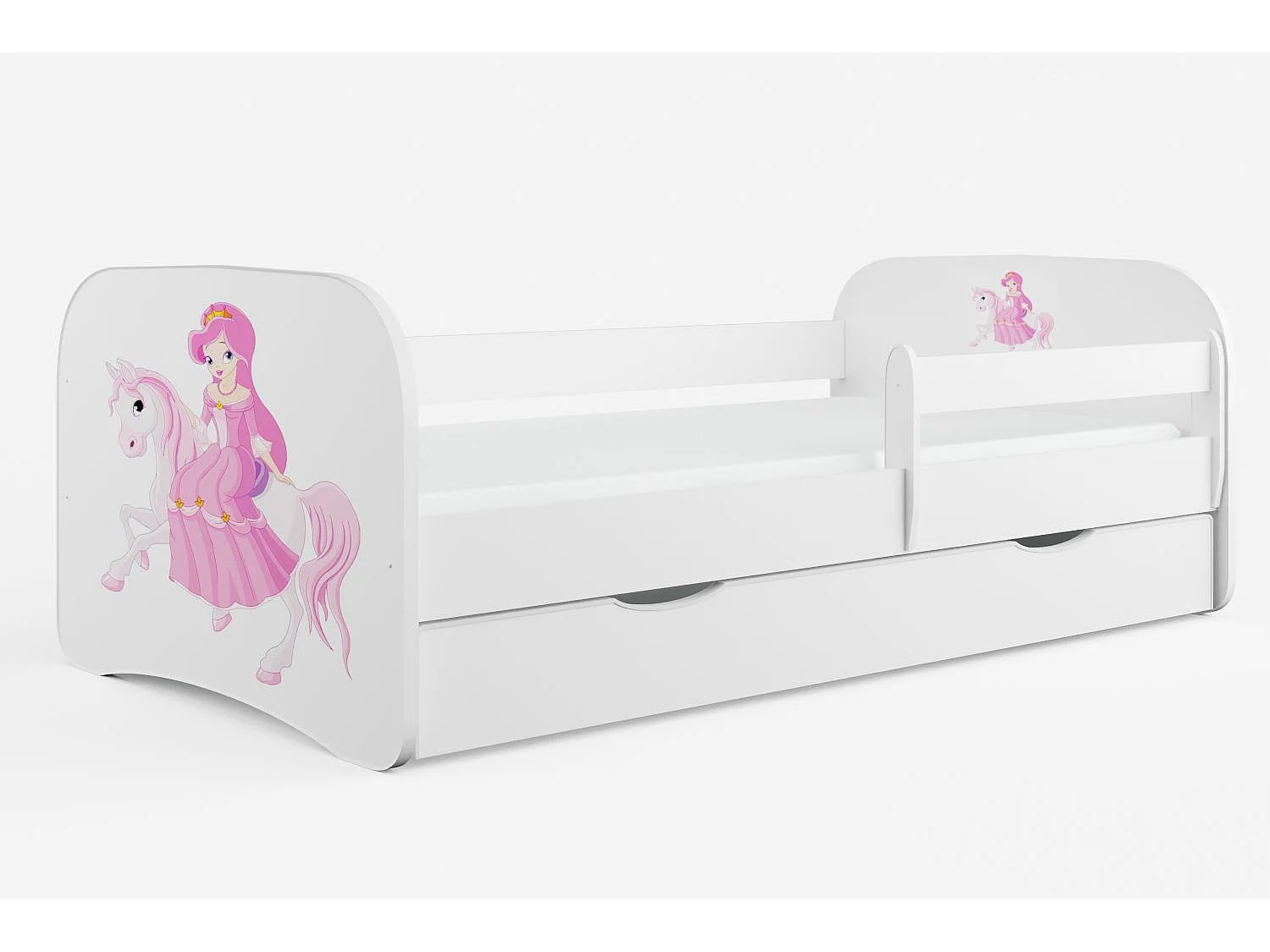 Cama infantil Princess a caballo con somieres y barrera de seguridad extraíble Drimy-Colchones de espuma-Ropa de cama 70x140 cm-Cajones Con cajón