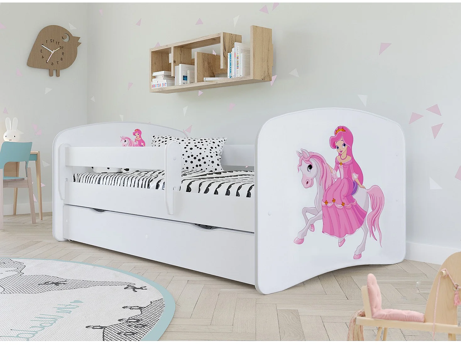 Lit enfant princesse à cheval avec sommiers et barrière de sécurité amovible Drimy-Matelas mousse-70x140-Tiroirs Avec tiroir