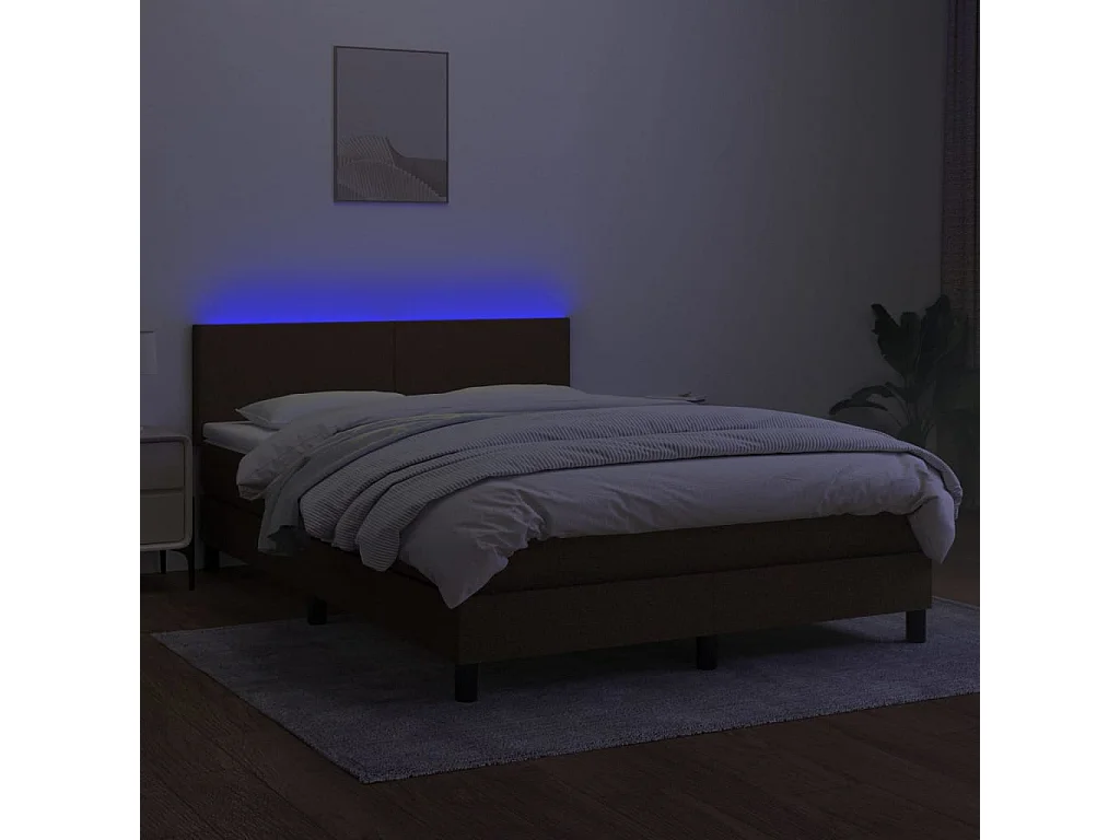 Lit à sommier tapissier matelas et LED Marron foncé 140x200 Tissu