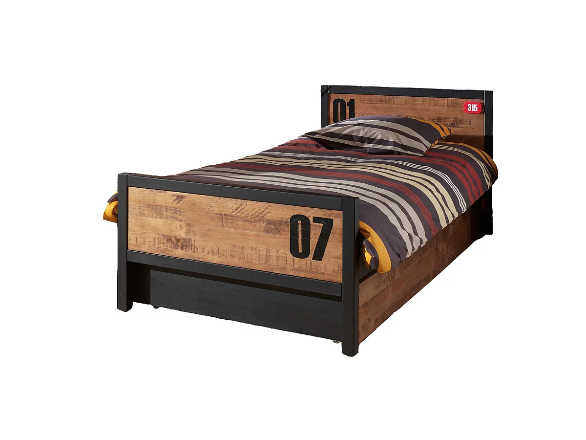Pack - Lit Enfant, Sommier & Tiroir "Alex" 90x200cm Marron & Noir