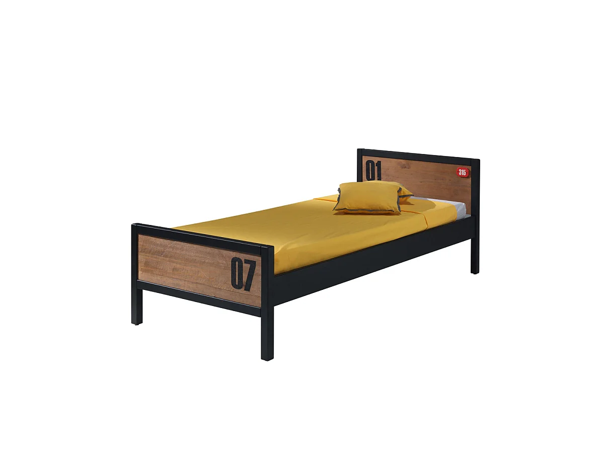 Pack - Lit Enfant, Sommier & Tiroir "Alex" 90x200cm Marron & Noir