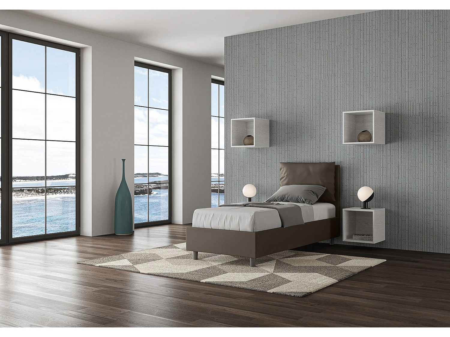 Lit adulte moderne avec coussins rembourrés simili cuir Anja-Couleur Marron-80x190-Option Avec coffre