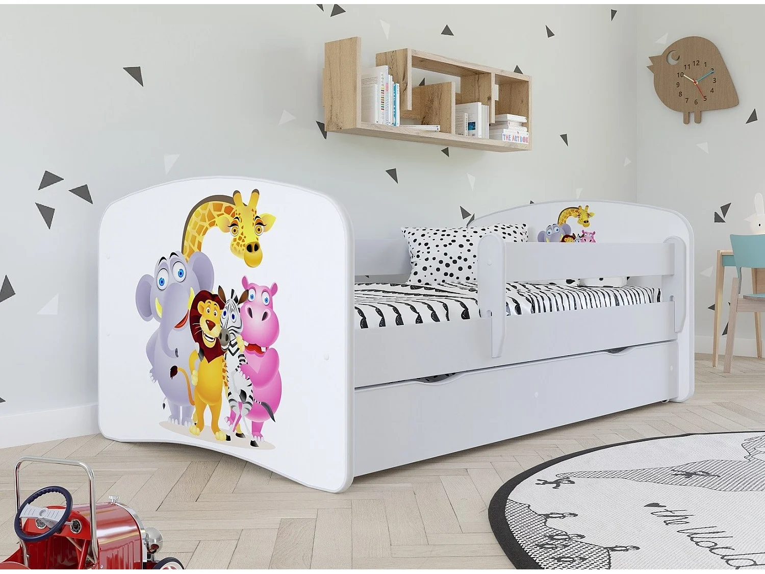 Lit enfant blanc Zoo avec sommiers et barrière de sécurité amovible Drimy-Matelas mousse-80x180-Tiroirs Avec tiroir