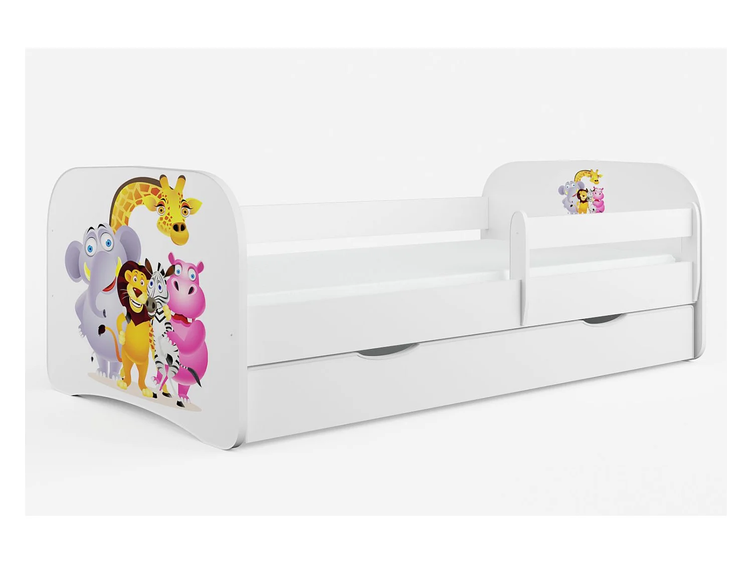 Lit enfant blanc Zoo avec sommiers et barrière de sécurité amovible Drimy-Matelas mousse-80x180-Tiroirs Avec tiroir