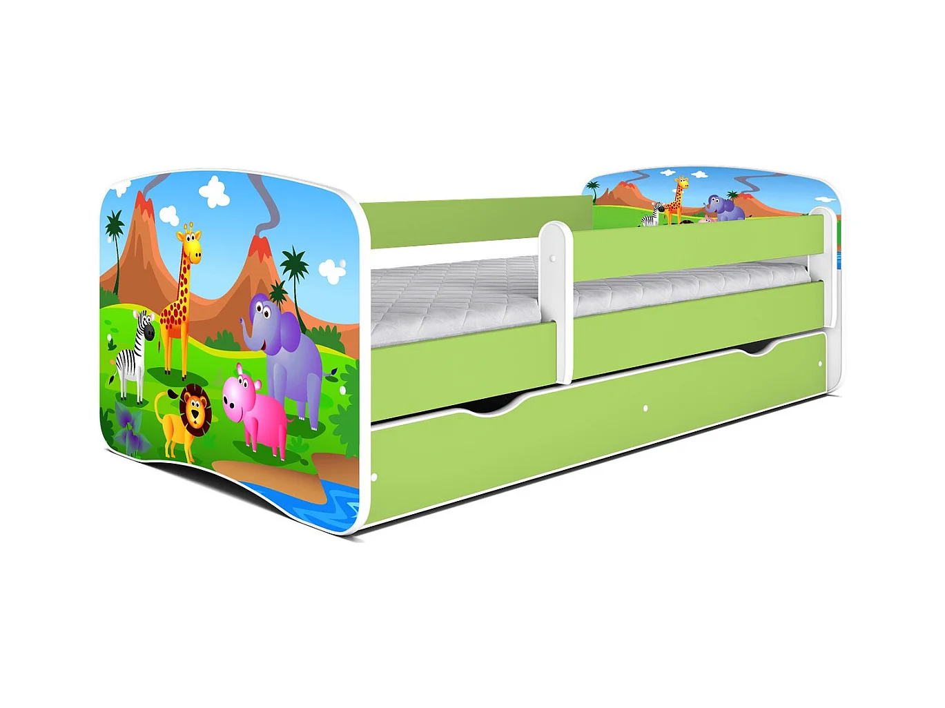 Cama infantil Safari verde con somieres y barrera de seguridad extraíble Drimy-Ropa de cama 70x140 cm-Cajones Con cajón