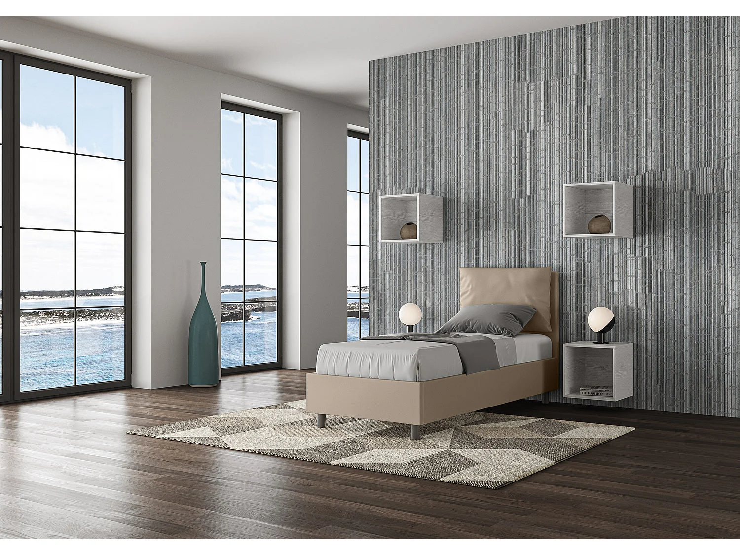 Lit adulte moderne avec coussins rembourrés simili cuir Anja-Couleur Beige-80x190-Option Avec sommier