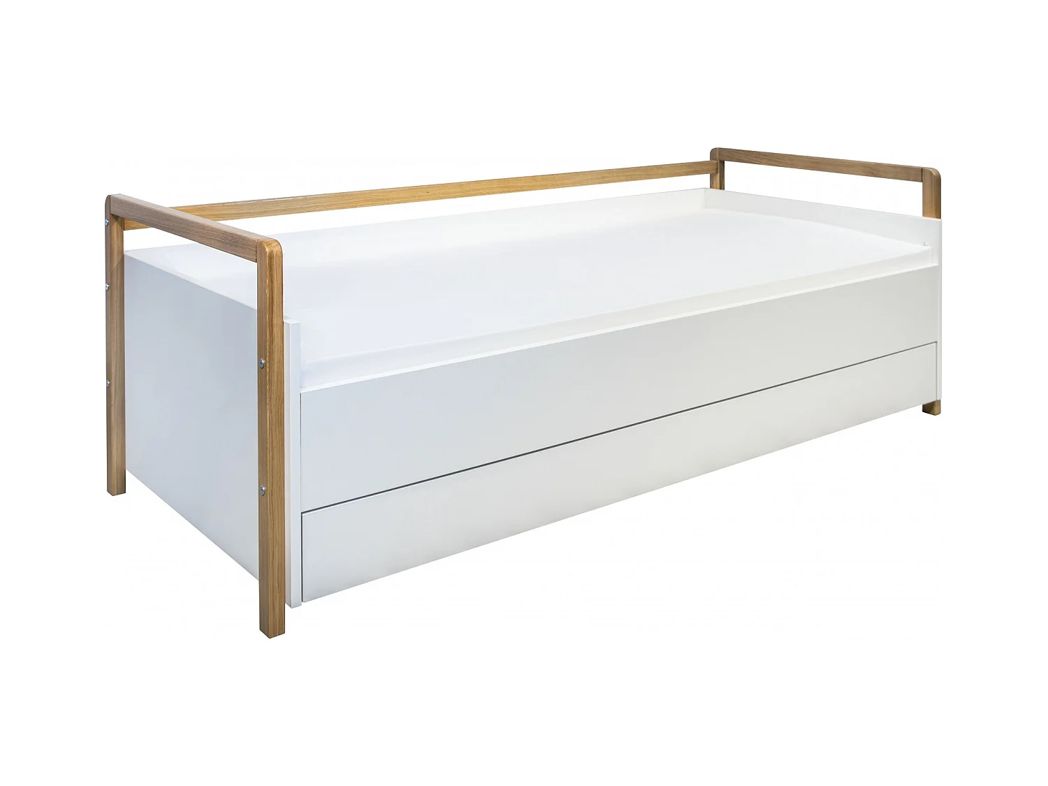 Sofá cama escandinavo con cajones blancos y madera de roble barnizado Vanika 80x180 cm-