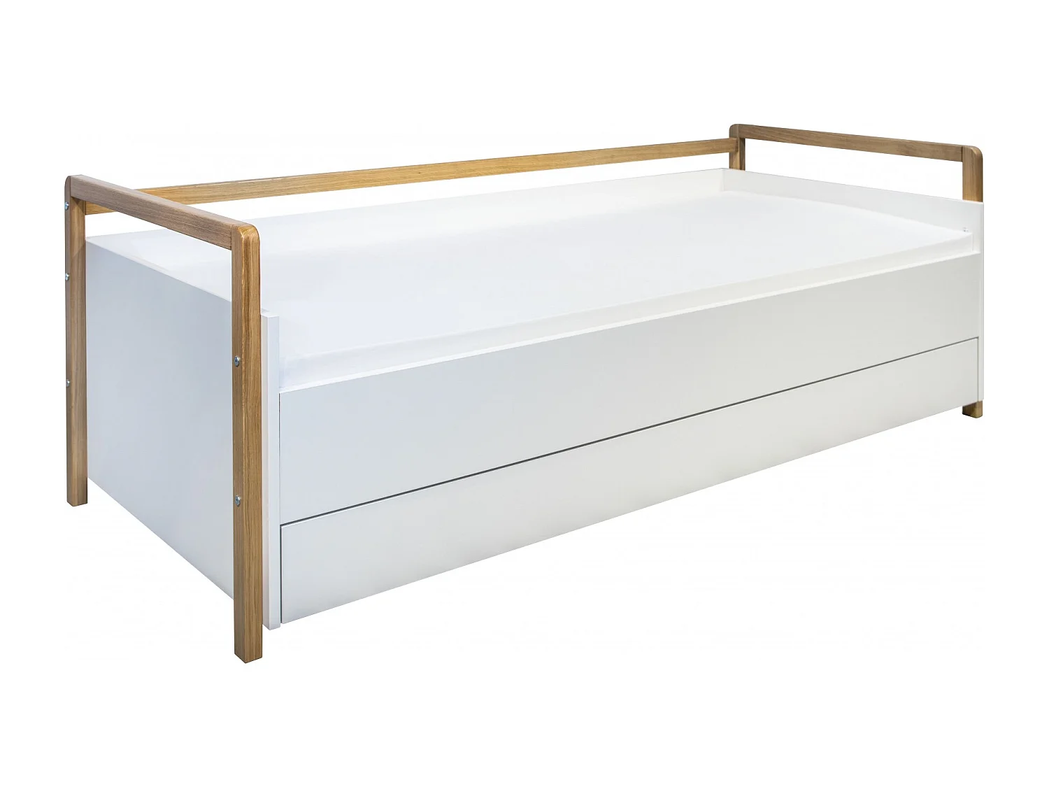 Lit banquette scandinave avec tiroirs blanc et bois de chêne vernis Vanika 80x180-