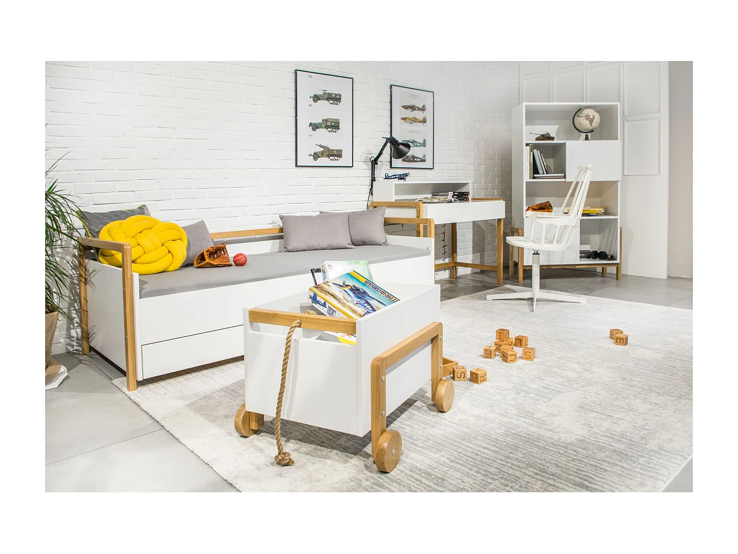 Lit banquette scandinave avec tiroirs blanc et bois de chêne vernis Vanika 80x180-