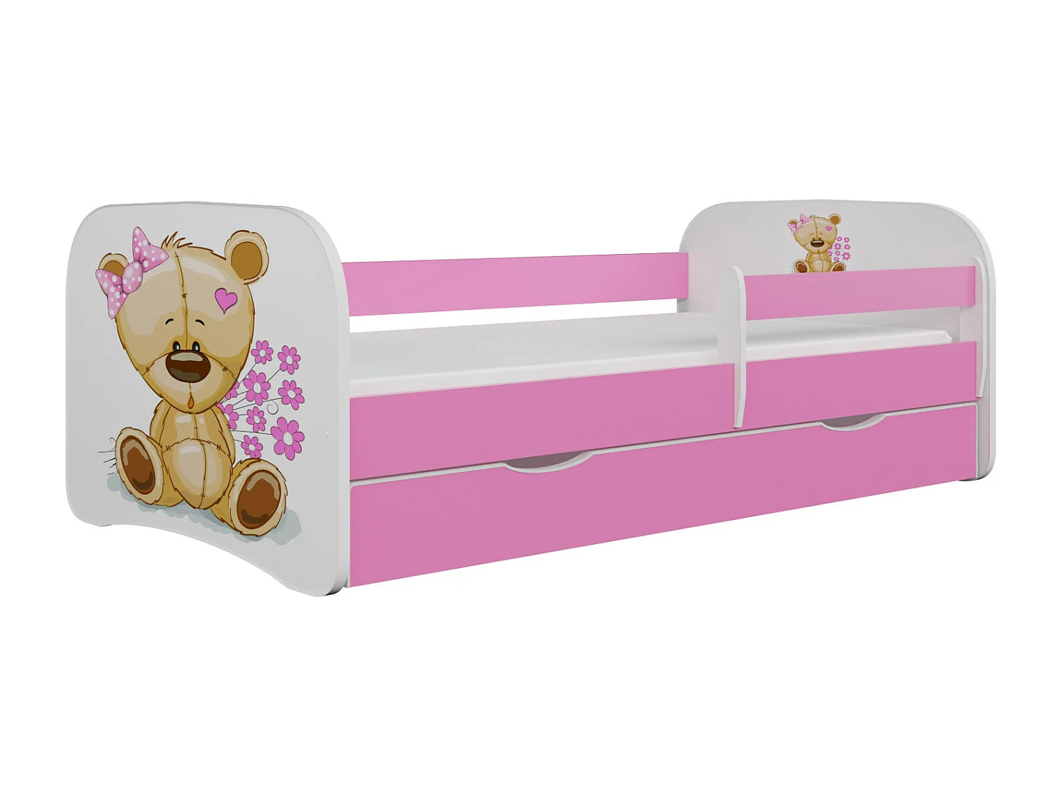 Lit enfant rose ourson et fleurs avec sommiers et barrière de sécurité amovible Drimy-Matelas mousse-80x160
