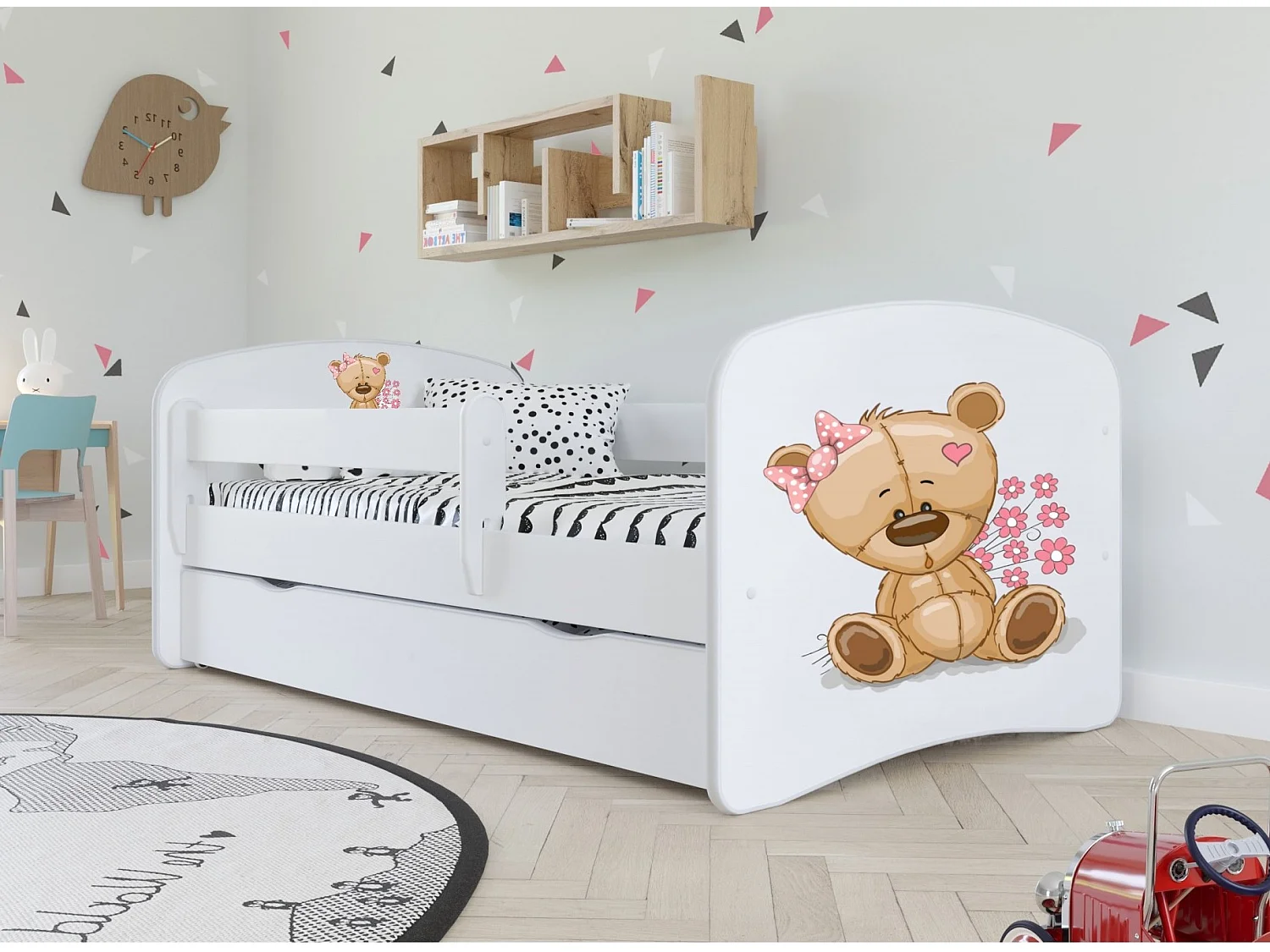 Lit enfant blanc ourson et fleurs avec sommiers et barrière de sécurité amovible Drimy-Matelas mousse-80x180-Tiroirs Avec tiroir