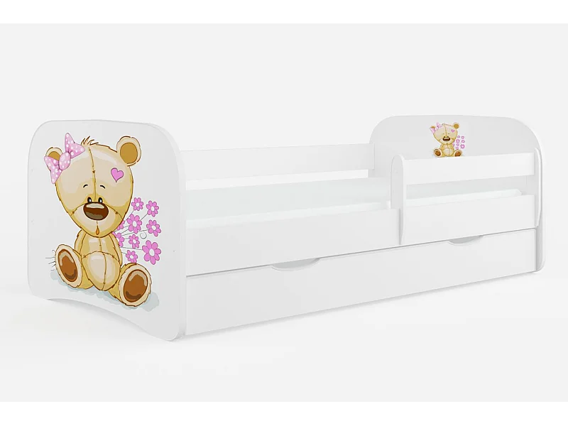 Lit enfant blanc ourson et fleurs avec sommiers et barrière de sécurité amovible Drimy-Matelas mousse-80x180-Tiroirs Avec tiroir
