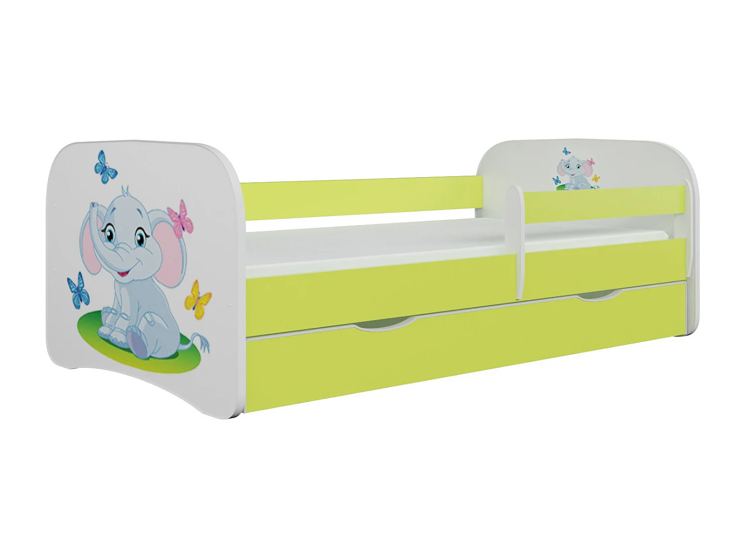 Lit enfant vert petit éléphant avec sommiers et barrière de sécurité amovible Drimy-80x160