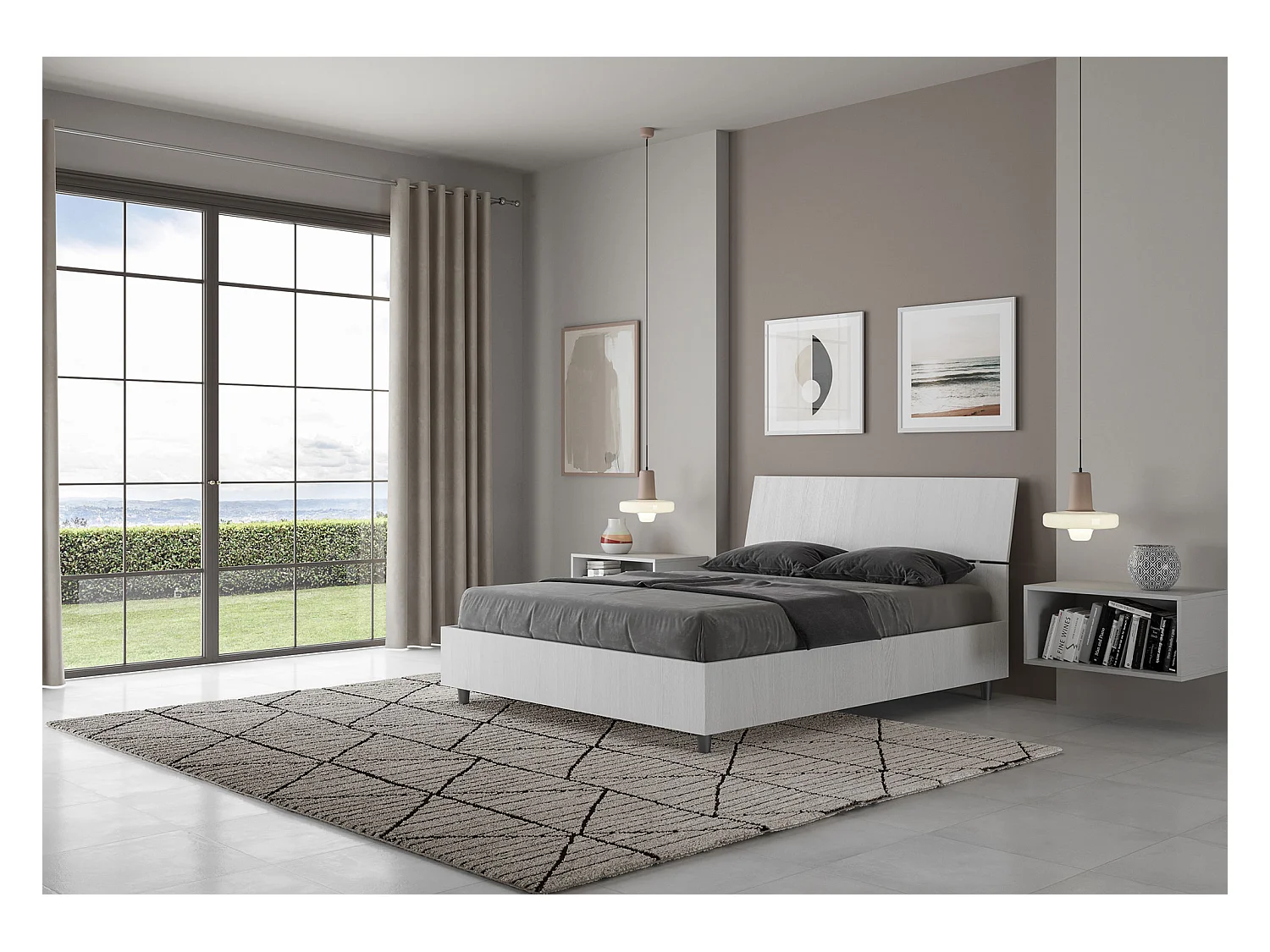 Renoma houten bed met schuin hoofdbord-Kleur Wit-Slapen 140x200cm-Versie met boxspring