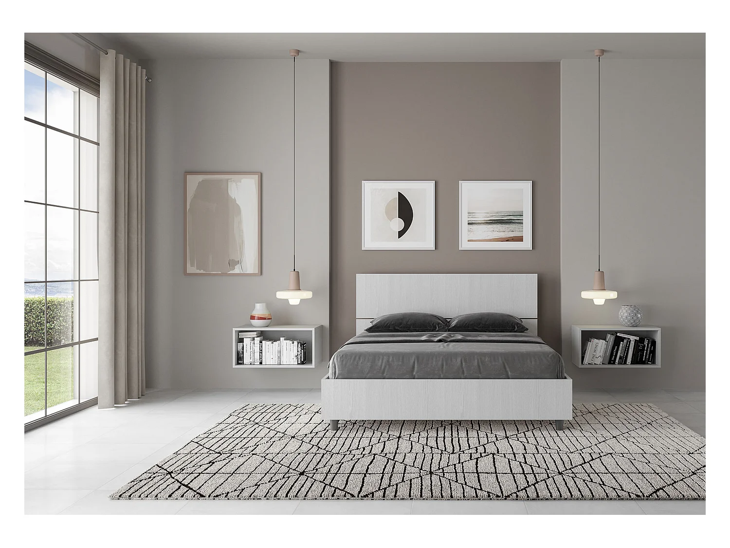 Renoma houten bed met schuin hoofdbord-Kleur Wit-Slapen 140x200cm-Versie met boxspring