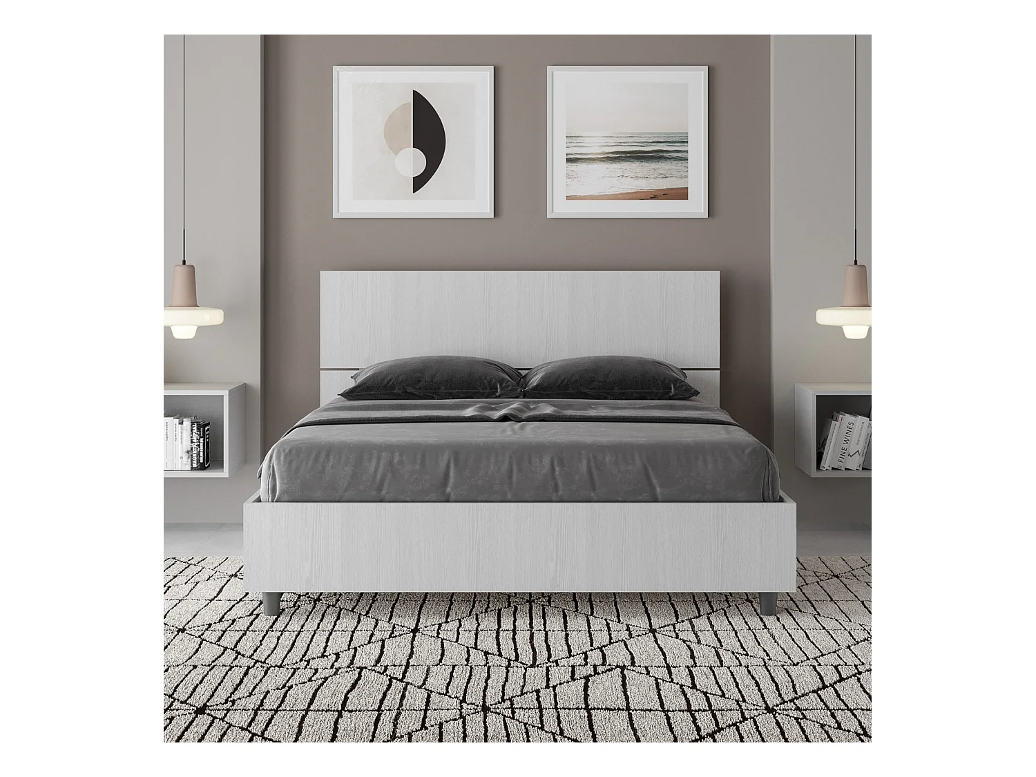 Renoma houten bed met schuin hoofdbord-Kleur Wit-Slapen 140x200cm-Versie met boxspring
