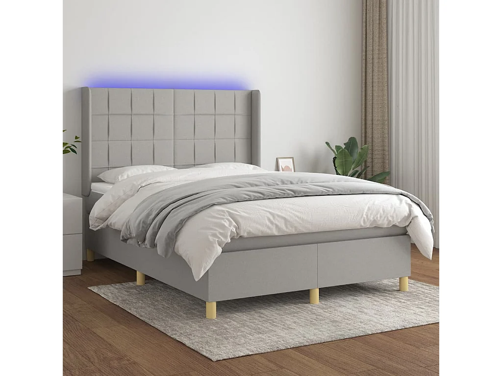 Lit à sommier tapissier et matelas et LED Gris clair 140x190 Tissu