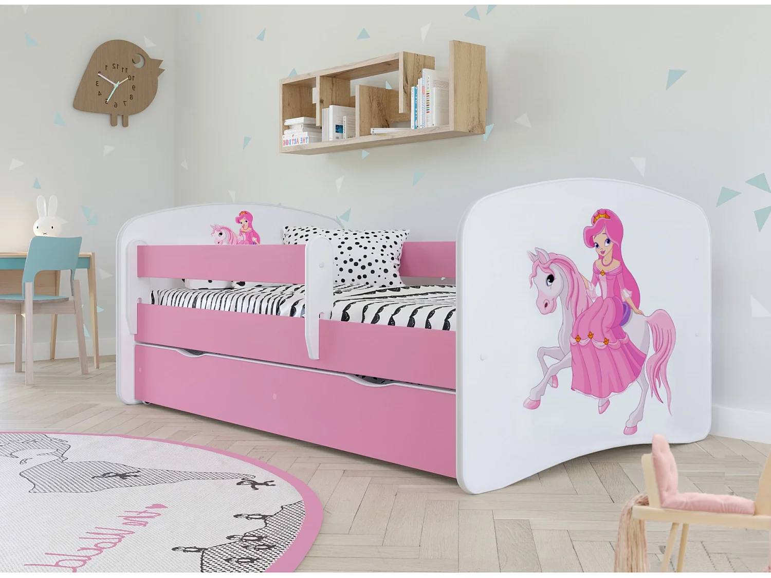 Roze prinsessenkinderbed te paard met boxsprings en afneembaar hekwerk Drimy-Zonder matras-Slapen 80x180cm-Laden Met lade