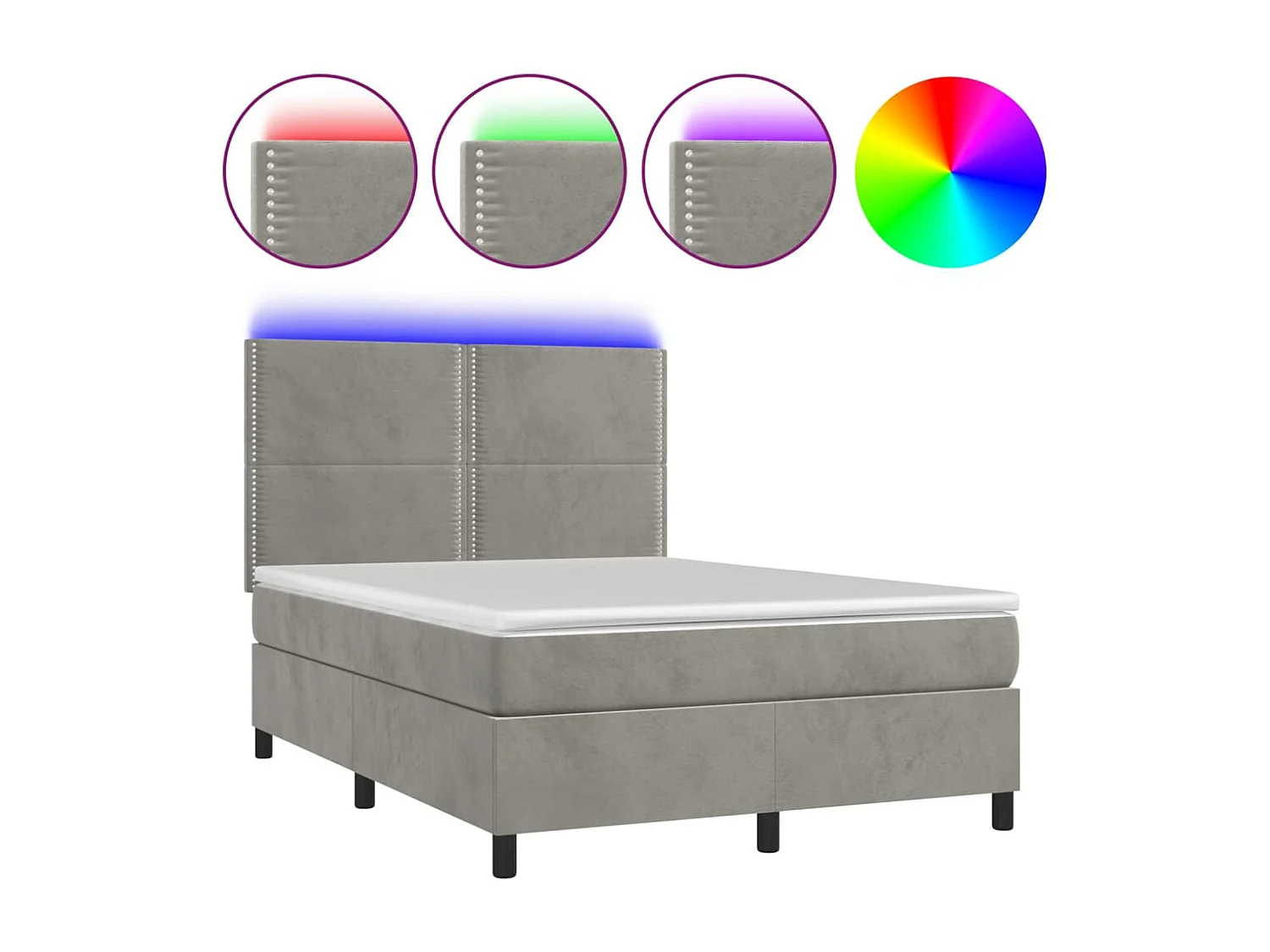 Lit à sommier tapissier matelas et LED Gris clair 140x200 Velours