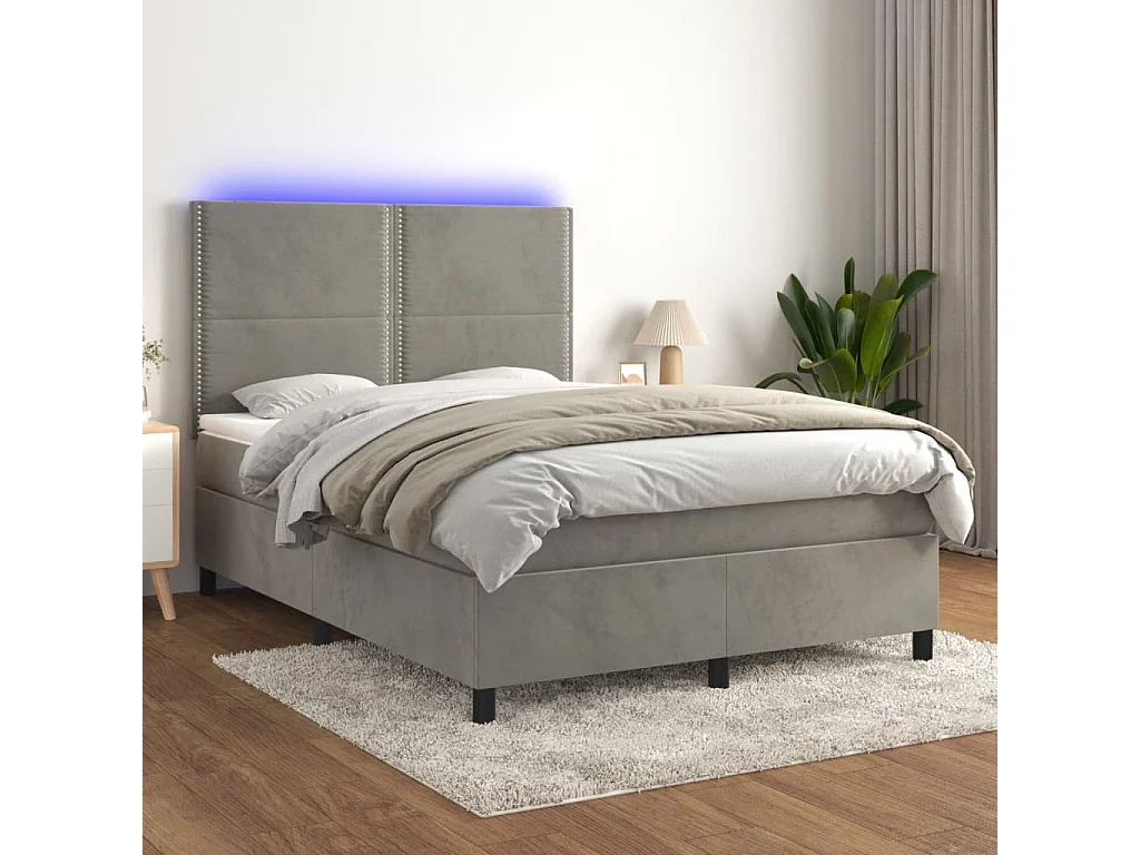 Lit à sommier tapissier matelas et LED Gris clair 140x200 Velours