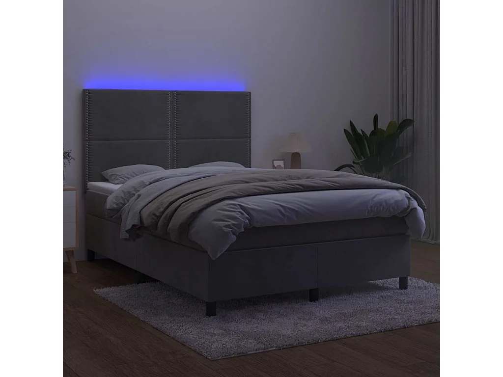 Lit à sommier tapissier matelas et LED Gris clair 140x200 Velours