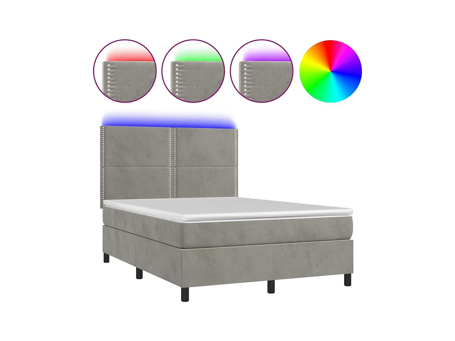 Lit à sommier tapissier matelas et LED Gris clair 140x200 Velours