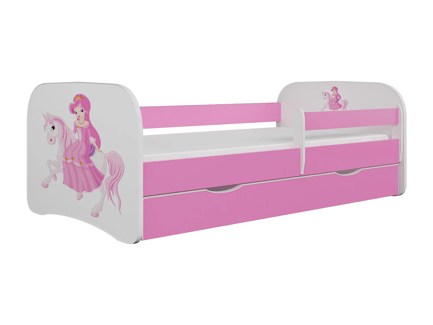 Roze prinsessenkinderbed te paard met boxsprings en afneembaar hekwerk Drimy-Zonder matras-Slapen 70x140cm-Laden Zonder lade