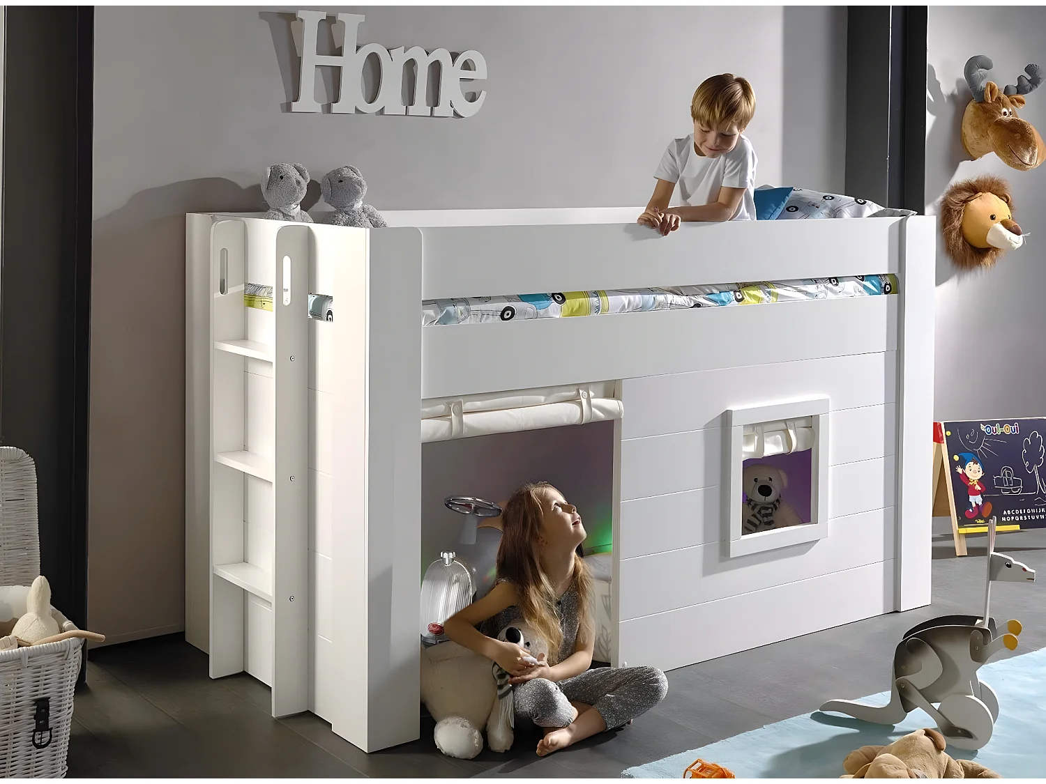 Lit Enfant Cabane & Rideaux "Noah" 90x200cm Blanc