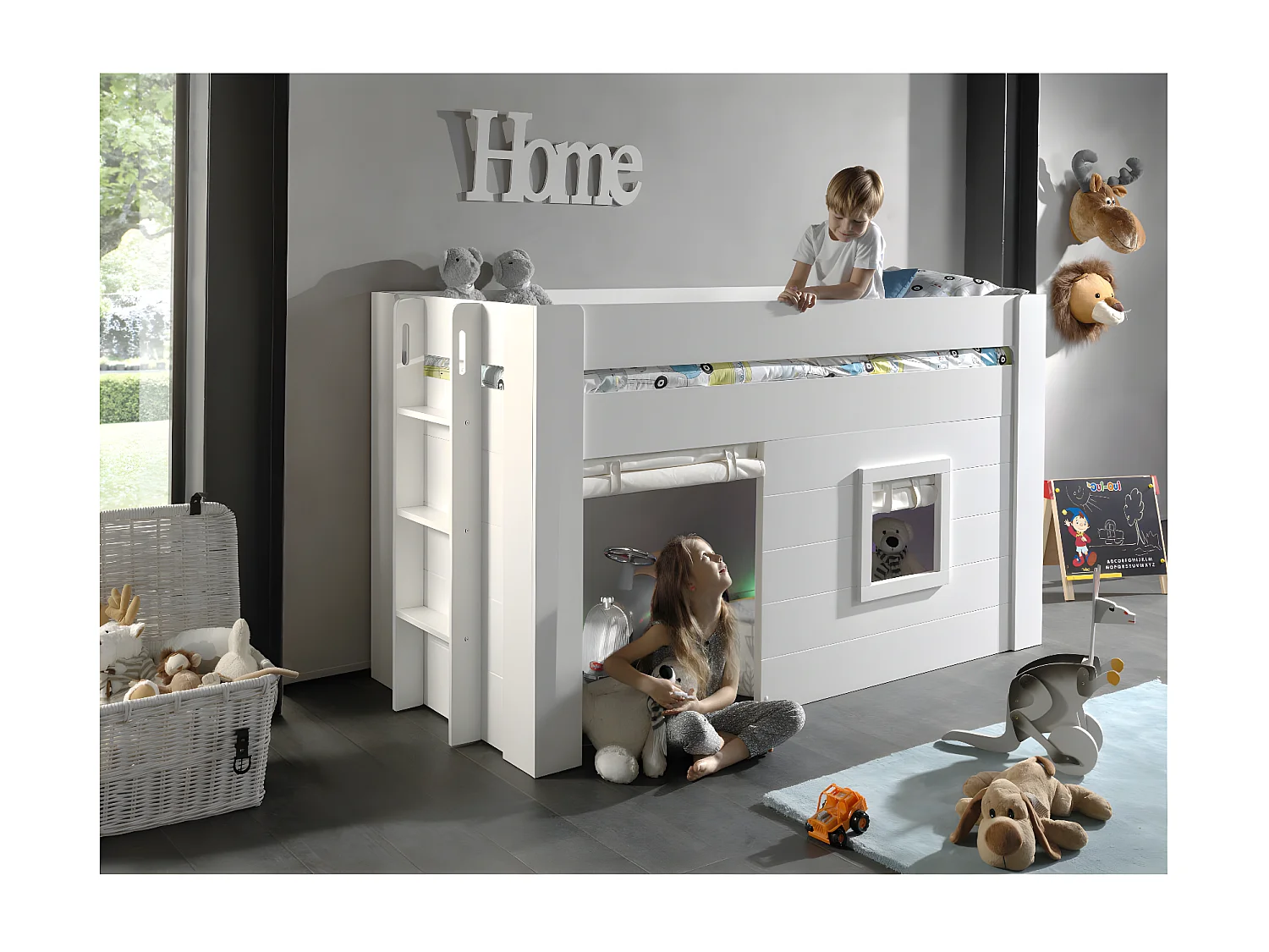 Lit Enfant Cabane & Rideaux "Noah" 90x200cm Blanc