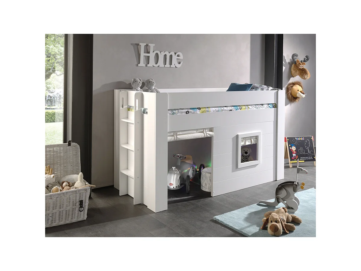 Lit Enfant Cabane & Rideaux "Noah" 90x200cm Blanc