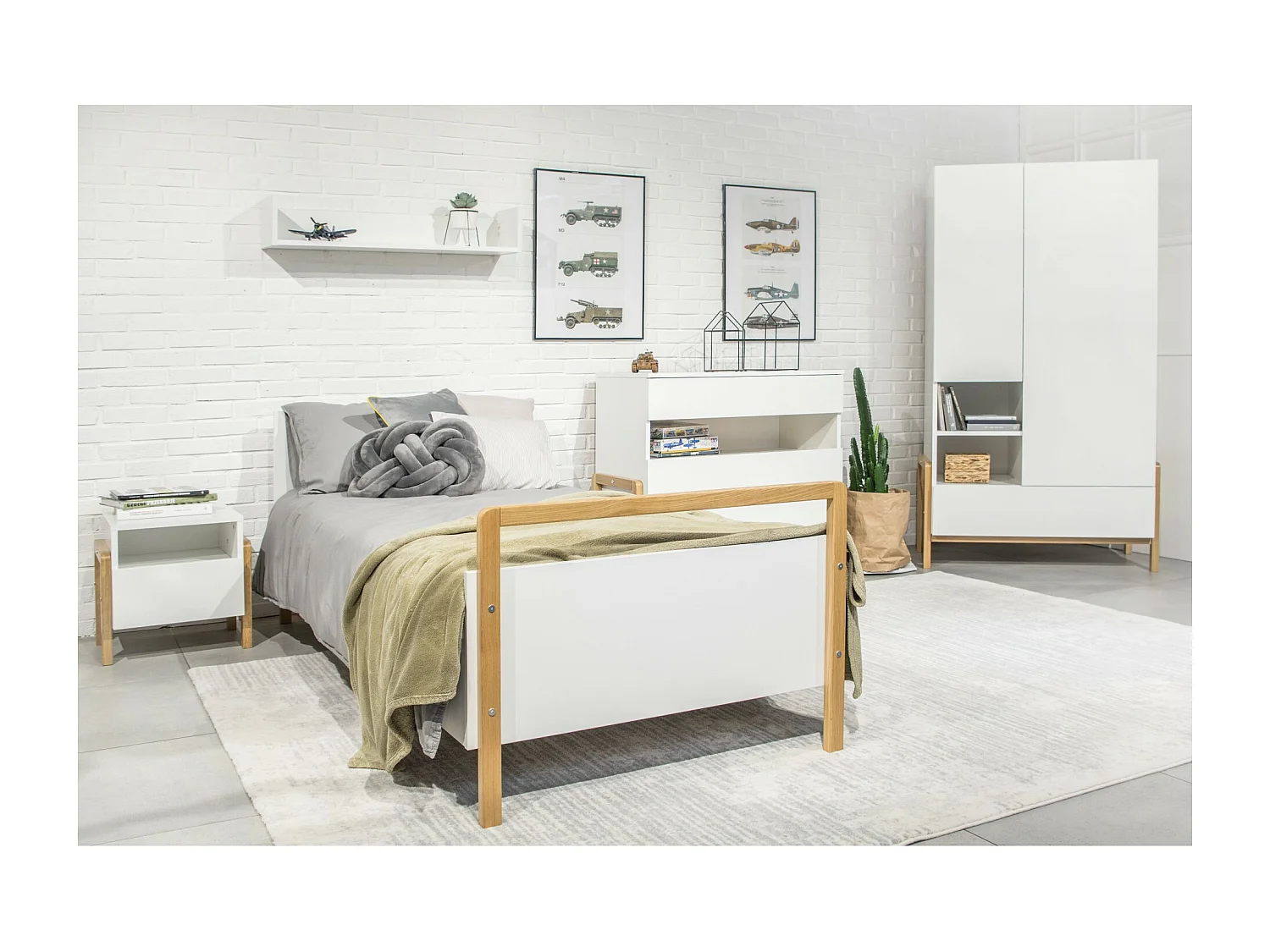 Lit enfant scandinave blanc et bois de chêne vernis Vanka 80x180-