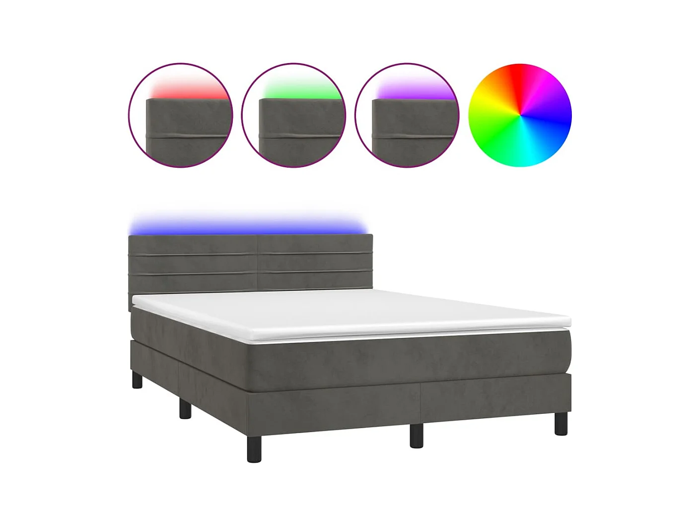 Lit à sommier tapissier matelas et LED Gris foncé 140x190 Velours