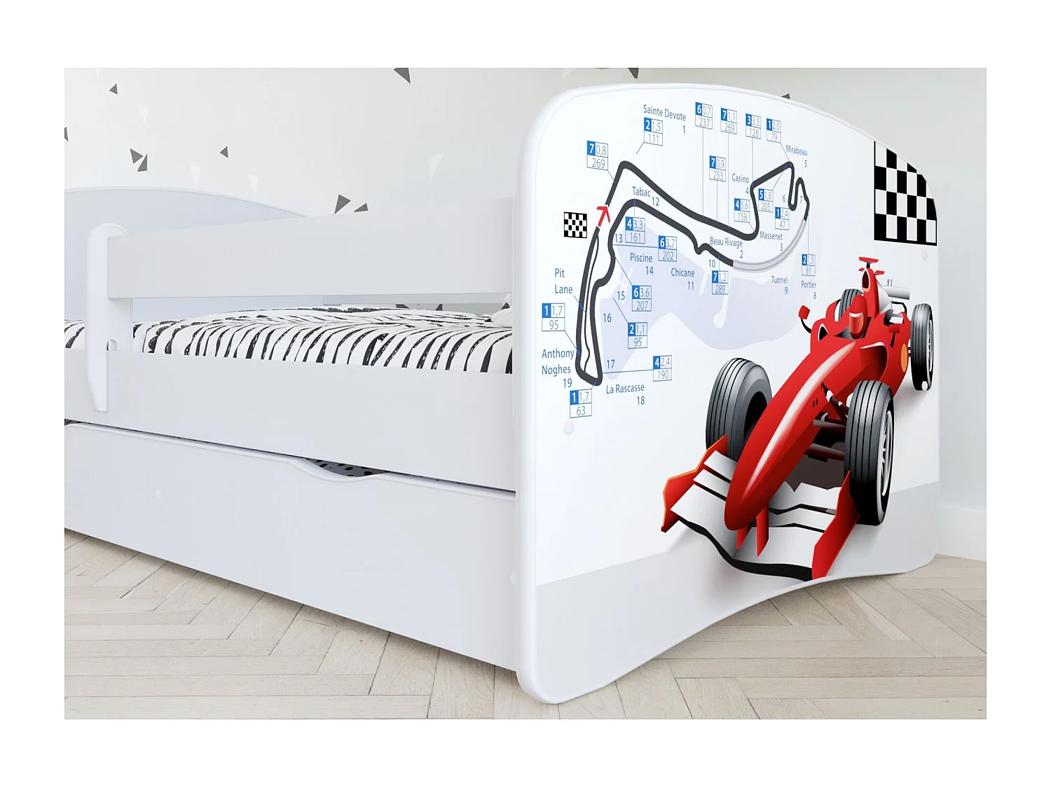 Cama infantil coche de carreras con somieres y barrera de seguridad extraíble Drimy-Ropa de cama 80x160 cm