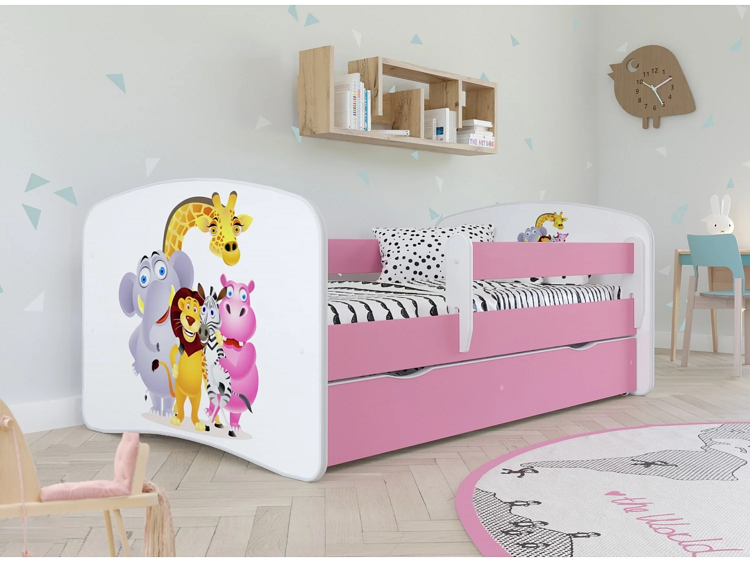 Lit enfant rose Zoo avec sommiers et barrière de sécurité amovible Drimy-Matelas mousse-80x180-Tiroirs Avec tiroir