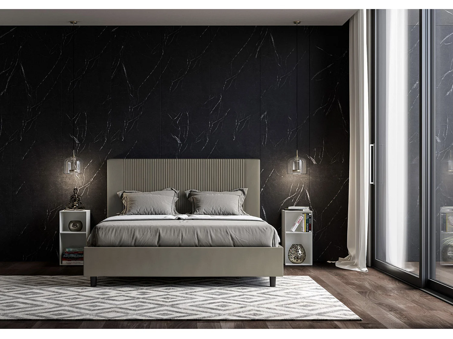 Cama moderna con cabecero de rayas verticales acolchado en símil piel Bazen-Color Blanco-Ropa de cama 180x200 cm-Opción Con base y caja